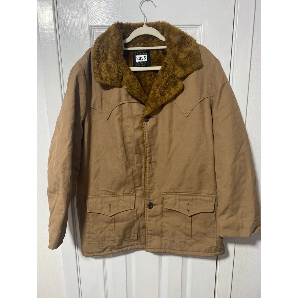 Vintage 70s Vanderbilt Western Ranch Coat Tan Faux Fur Lined Canvas Jacket Mens